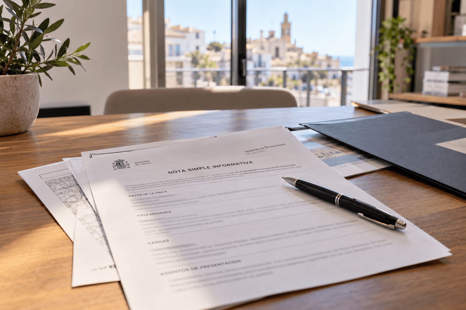 Nota simple del Registro de la Propiedad sobre una mesa con documentación inmobiliaria.